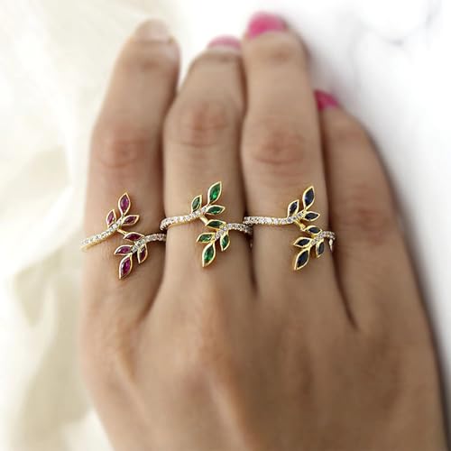 Yellow Gold Plated Vine Leaf Ring Simulated Emerald CZ Engagement Promise Wedding Ring for Women Jewelry2