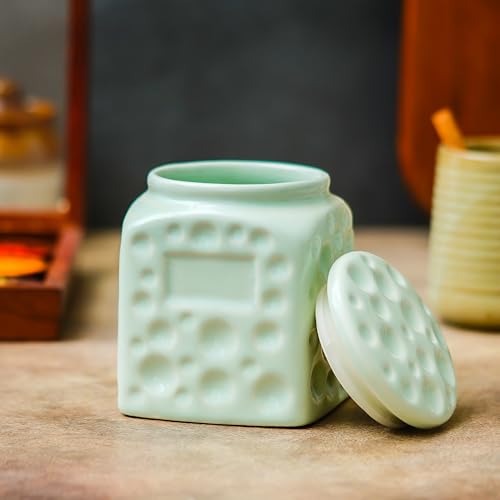 Image of Ceramic Storage Jar with Lid for Kitchen 800 ml | Decorative Ceramic Container for Tea, Coffee, Sugar, Spices, Cookies & Snacks | Multipurpose Countertop Food Storage Canister for Home | Green
