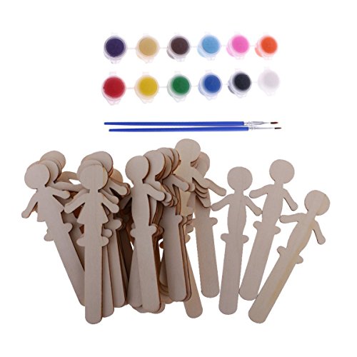 SUPVOX People Figure Wood Craft Sticks Ice Cream Sticks Cake Topper Sticks Colorful Popsicle Sticks with Brush and Pigment for Cake Decoration 32Pcs