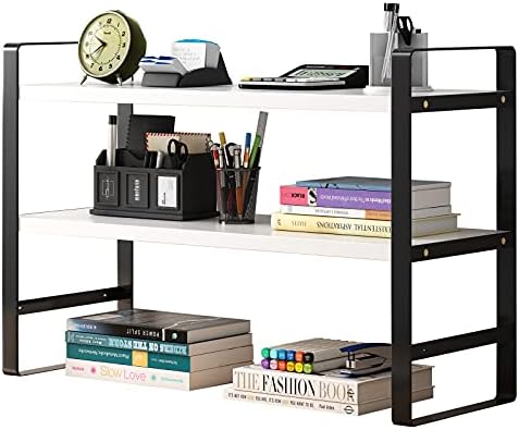 hodiczk Upgraded Small Desk Shelf Organizer with Tiers, Cute Desktop Organizer Shelf Storage, Kawai Desktop Bookshelf Hutch for Dorm, Home, School, Office (White Rack Black Frame, 2 Layer)