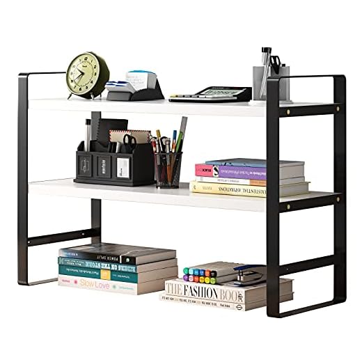 hodiczk Upgraded Small Desk Shelf Organizer with Tiers, Cute Desktop Organizer Shelf Storage, Kawai Desktop Bookshelf Hutch for Dorm, Home, School, Office (White Rack Black Frame, 2 Layer)