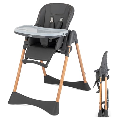 Image of JOYMOR 4 in 1 Folding Baby High Chair for Babies to Toddlers, Infant Eating Foldable Highchair w/Leather Seat Cushion, 4-Position Removeable & Adjustable Tray, 5-Point Harness