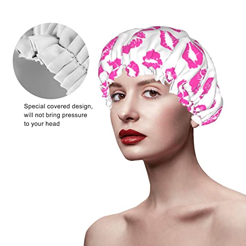 Pink Lips Kiss Prints Shower Caps For Women Reusable Waterproof Women Shower Caps Reusable Peva Lining Hair Cap For Shower Double Protection Layers Elastic #TOP3