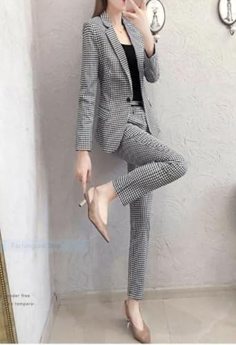 Image of Women's 3-Piece Cotton Blend Blazer Pant Set | Black & White Checkered Co-Ord Suit with Crop Camisole | Formal Office Wear, Business Casual, Interview, Corporate