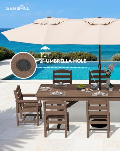 Image of SERWALL 9 Piece 84 inch HDPE Outdoor Dining Set with 6 Armless Chairs, 2 Armchairs and Umbrella Hole for 8, Brown