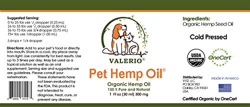 Valerio Pets Hemp Oil For Dogs And Cats - 1 Oz - Hemp Oil Drops With Omega Fatty Acids - Hip And Joint Support And Skin Health #TOP6