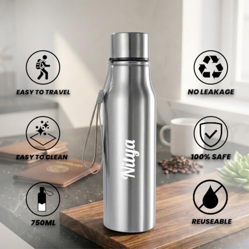 Image of Giftana Personalized Name Water Bottle 750ml, Birthday Gifts (Silver 1)