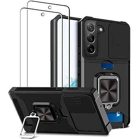 Jusy Wallet Case Compatible with Samsung Galaxy S22 & 2 Screen Protectors, with Sliding Camera Cover, Card Holder Slot and Magnetic Kickstand Ring, Heavy Duty Case Military Grade Cover (Black) Cover