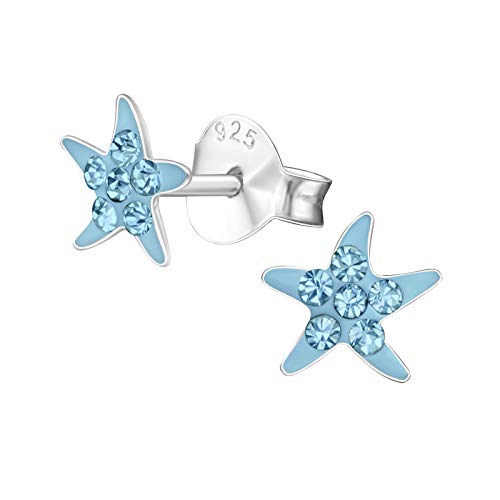 Laimons Pendientes infantiles para niñas y niños, estrella de mar con purpurina, azul claro, azul, 6 mm, plata de ley 925, Plata, Glass
