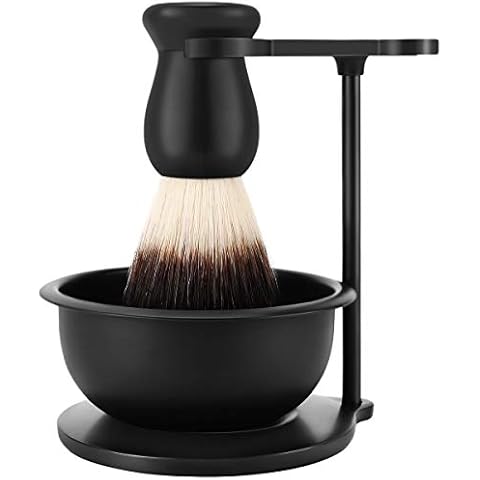 PerPro Matte Black Heavyweight Base Shaving Stand with Shave Soap Bowl and Soft Nylon Shaving Brush with Anti-skid Handle Compatible with Most Safety Razors, Men's Grooming Kit for Gent Mens Cover