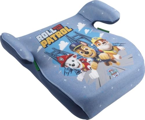 Paw Patrol Asiento Elevador para Auto i-Size ECE R129/03. Alzador Coche para la seguridad de los niños con una altura de 126 a 150 cm. Asiento con gráficos de Paw Patrol, fondo azul.