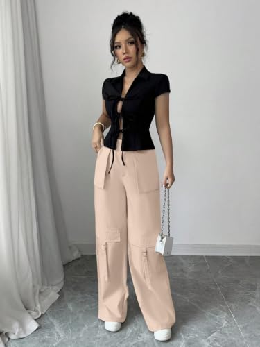 Image of Leriya Fashion Cargo Pants for Woman | Cargo Pants for Women Cotton Wide Leg Utility Fit Flap Pockets | Trousers Fors Women, Relaxed Fit Baggy Pant Airport Outfit for Womens Streetwear Attire