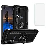 YaHan for Motorola Moto P40 Power/Moto One Action Case,360 Degree Rotating Ring Kickstand Hybrid Heavy Duty Dual Layer Shockproof Defender Hard Back Case with Tempered Glass Screen Protector,Black