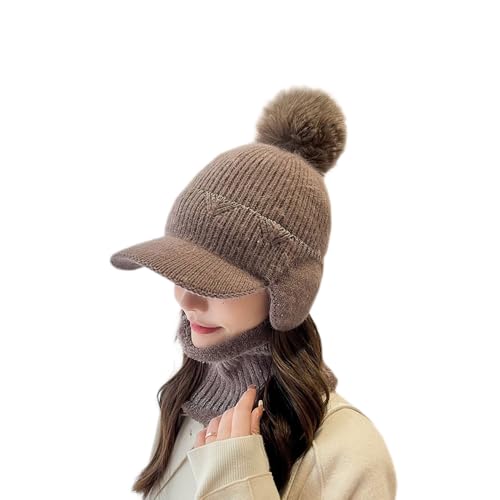 Fashion 2 Pieces/set Women's Winter Knitted Hat Warm Elastic Soft Ear Protection Scarf Mask Fleece Lined Hat (US, Alpha, One Size, H-Khaki)
