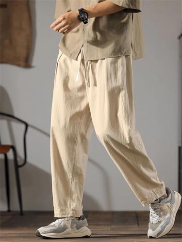 Men Cotton Linen Pants Straight Ice Silk Sweatpants Wide Leg Trousers2