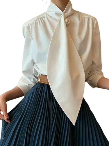 UOOZEE Women's Long Sleeve Button Down Tie Neck Blouse Dressy Casual Formal Office Work Shirt Tops