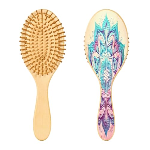 SKYSHU Mandala Cepillo para el pelo de madera natural con cómodo cepillo de pelo de madera, desenredado y peinado ovalado para mujeres, hombres y niños, todo tipo de cabello (cabello seco húmedo y