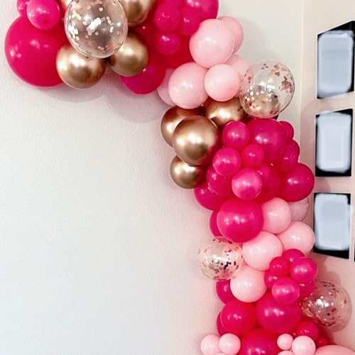 Image of Pink Balloons, 60 Packs 12 Inch Hot Pink and Chrome Rose Gold Confetti Balloons, Rose Pink Light Balloon with Ribbons for Girls Birthday Baby Shower Princess Theme Valentine's Party Decorations