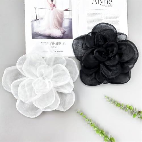 Image of Large Camellia Flower Brooch Pin for Women Fashion Dainty Lightweight Organza Satin Fabric Big Brooches Lapel Pins Wedding Dance Party Dress Accessories Exaggerated Jewelry Gift
