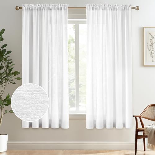 Image of Melodieux White Semi Sheer Curtains with Tieback - 63 Inch Length for Classroom, Kids Room, Farmhouse Linen Texture Light Filtering Shiny Sheer Drapes Rod Pocket, 52 inch W x 63 inch L, 2 Panels