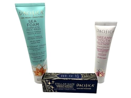 Pacifica Clean Icons GWP Beauty Trio Set - Sea Foam Face Wash 1.4 FL OZ, Dreamy Youth Face Cream 0.7 FL OZ, Stellar Gaze Mascara 0.12 OZ - 100% Vegan, Cruelty-Free