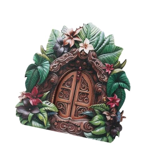 Zymoplas Statua da giardino in legno con porta del giardino delle fate in miniatura per la decorazione del prato all'aperto, Foglia verde