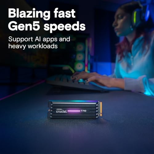 Image of Crucial T710 PCIe Gen5 NVMe 2TB SSD - Heatsink, Up to 14,900 MB /s, Laptop & Desktop Compatible (PC), for Creatives and Hardcore Gamers, Solid State Drive, Includes 1Mo Adobe CC - CT2000T710SSD5-01