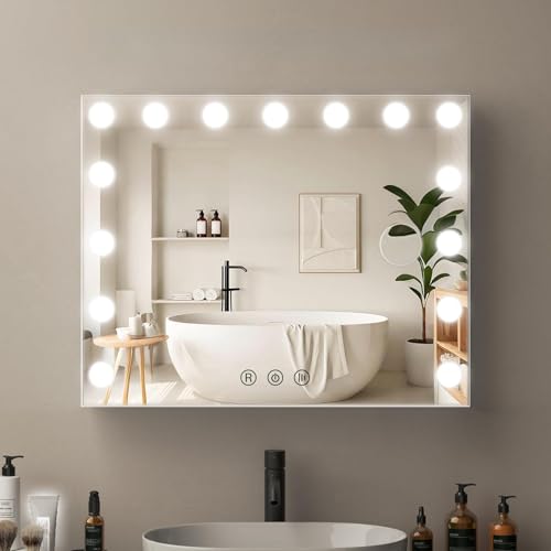 Hamlody Espejo Maquillaje con Luz, Espejo de Tocador Hollywood, 58 x 46cm, 15 Luces y 3 Colores, Regulable Espejo Cosmético, Puerto de Carga USB/Tipo C, Control Táctil, para Dormitorio y Vestidor