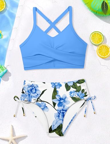 Image of Teen Girls Swimsuits V-Neck Bikini Set Bathing Suits Cross Straps Two Piece Swimwear with Drawstring