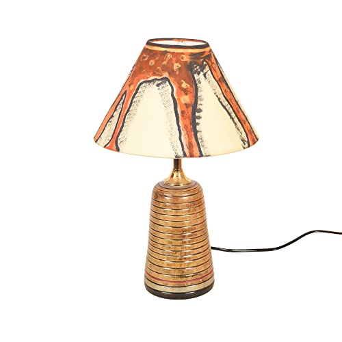 Image of AAKRITI ART CREATIONS Terracotta Table Lamp for Study Room, Bedroom & Living Room Decoration | Abstract Tribal Chevron Pattern Bedside Lamp with Cotton Fabric Shade | Aesthetic Night Lamp