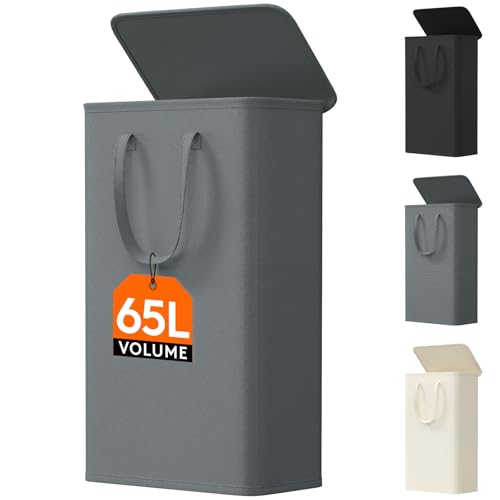 Lifewit 65L Slim Laundry Hamper, Small Laundry Basket with Lid, Dirty Narrow Collapsible Clothes Storage with Easy Carry Extended Handles, Tall Hampers for Bedroom Laundry Room, Gray, 1 Pack