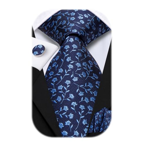 Image of Hi-Tie 70 inches Ties for Men Silk Extra Long Necktie and Pocket Square Cufflinks Set Men Big and Tall Tie Business