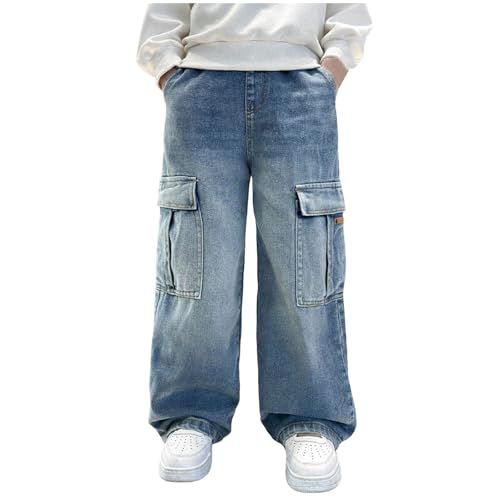 Baggy Cargo Jeans for Teens Boys Kids Casual Wide Leg Denim Pants with Pockets Fashion Relaxed Fit Jean