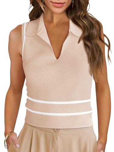 Image of Saodimallsu Womens Sleeveless Cropped Sweater Vest V Neck Collared Color Block Y2k Crop Tank Top Summer Polo Shirts