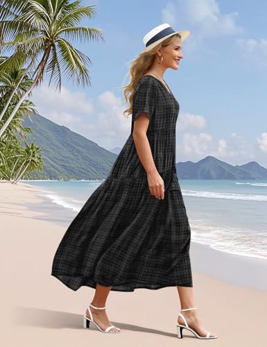 Image of YESNO Women's Summer Maxi Dresses Casual Floral Short Sleeve V Neck Boho Beach Vacation Swing Dress with Pockets EVF