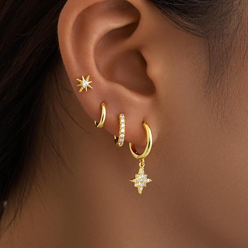 Image of Small Gold Huggie Hoop Earrings Set for Women Men Hypoallergenic 14K Plated Stack Cartilage Earrings, Sterling Silver Multiple Piercing Lightweight Mini Thin Cute Dainty Trendy Jewelry Gifts for Women