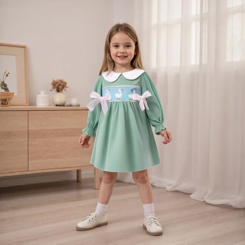Toddler Baby Girl Fall Outfits Silly Goose Smocked Dress Long Sleeve Birthday Girl Dress Cute Smash Cake Clothes (Goose Embroidered Green, 6-12 Months)