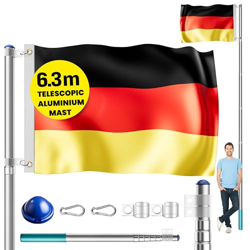 MONZANA® Telescopic Aluminium Flagpole Mast | 6.3m / 20FT | With Germany Flag | Compatible With 90 x 150 cm Flags | 630 cm Mast Including 60 cm Stable Ground Socket