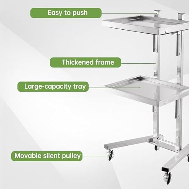 Folding Tray Trolley, Stainless Steel Beauty Salon Tray Trolley, 2 Tier Metal Rolling Cart for Kitchen, Bathroom, Bedroom, Living Room-Rdy3859y