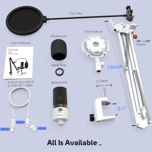 Image of FIFINE T669 White USB Recording Microphone Kit for Vocals, Voice-Over | Studio Condenser Microphone, Metal Boom Arm, 16mm Large Diaphragm, Podcast, Streaming, Music Creation, Singing