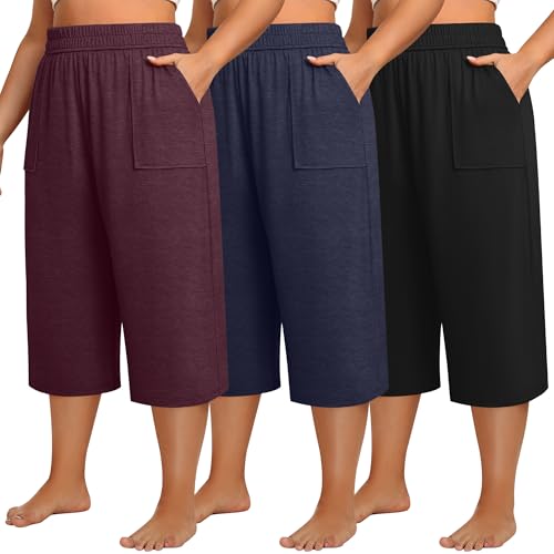 Neer 3 Pack Women Plus Size Capris Cotton Wide Leg Cropped Pants Casual Elastic Waist Loose Fit Lounge Sweatpants with Pocket(Black, Dark Blue, Wine Red,3X-Large)