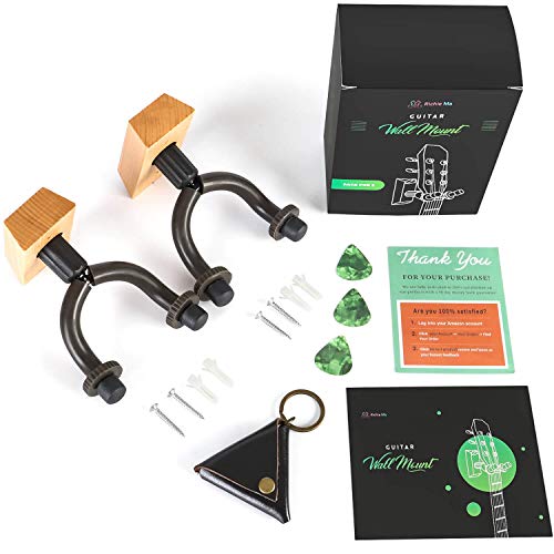 Guitar Wall Mount Hook Hanger - Music Stand Holder For Ukulele, Acoustic, Bass, Electric Guitars, Banjo, Mandolin And Violin. 2 Pack Wood Hangers With Mounting Screws Hooks And Accessories (Brown)