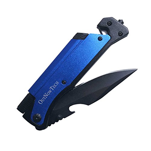 OutNowTech Vantage Folding Pocket Knife - (Blue) - Multi-Purpose One-Handed Easy Open Survival Knife for Hikers & Campers, with Magnesium Fire Starter, Belt Cutter & LED Light