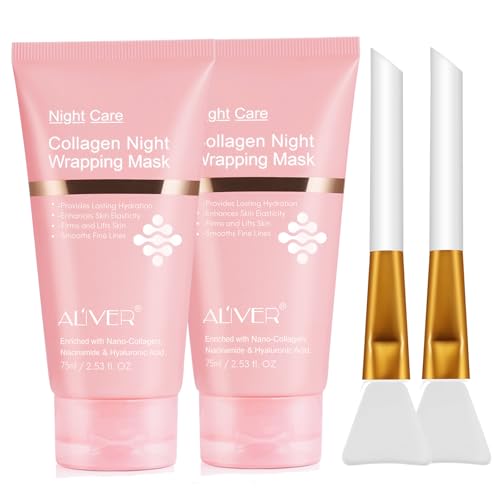 Collagen Night Wrapping Mask 2 Packs Peel Off Face Mask with Jelly Brush Jelly Masks for Facials Professional Korean Skin Care Elasticity & Hydration Care Overnight Collagen Mask for Women