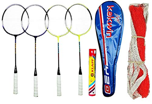 Image of Klapp Single Shaft Badminton Set - 4 Badminton Rackets with 10 Shuttlecock (with Net) - Multicolour