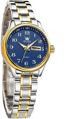 OLEVS Montre-Bracelet Analogique Facile à Lire pour Femme avec Petit Cadran Or Argent Bracelet en Acier Inoxydable Étanche Jour Date Montre