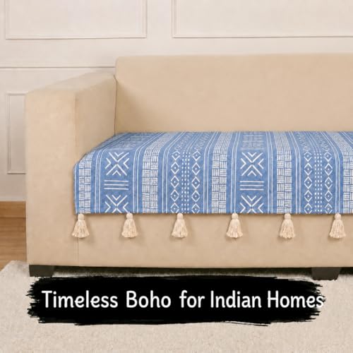 Image of STITCHNEST 'Verdant Bohemian Stories' 2 Seater Sofa Cover| Elegant Jacquard Fabric, Decorative Tassels, Washable & Durable for Modern Living