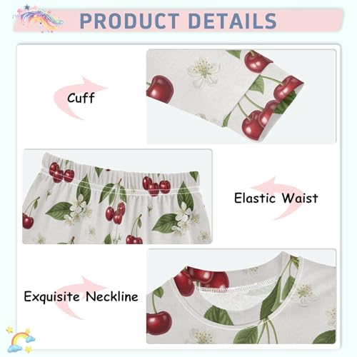 Pajama Sets Long Sleeve Cherry White Flowers Pattern Soft Comfy Sleepwear 2 Piece PJS 3-8T4