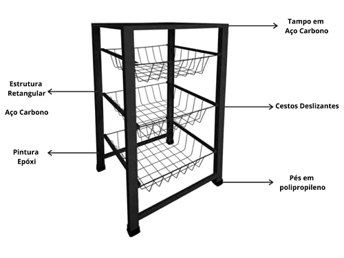 Fruteira Chão Cozinha Extra Forte Tampo De Aço Preto Craq
