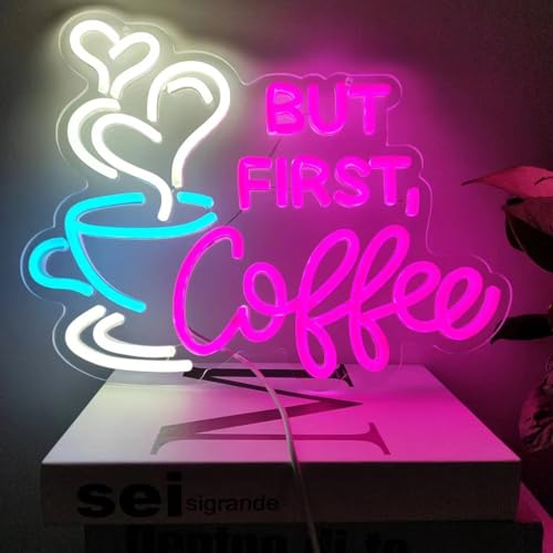 Image of But First Coffee Neon Sign Large 5V USB Powered Acrylic Neon Lights with Dimmable Switch and Hanging Chain for Coffee Cafe Bar Party Living Room Sign Gifts 14 * 11.3inch(Pink)